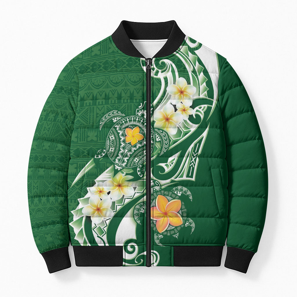 Bula Fiji Tapa Turtle Bomber Puffer Jacket Plumeria Fijian Masi Vonu Green LT14 Unisex Green - Polynesian Pride