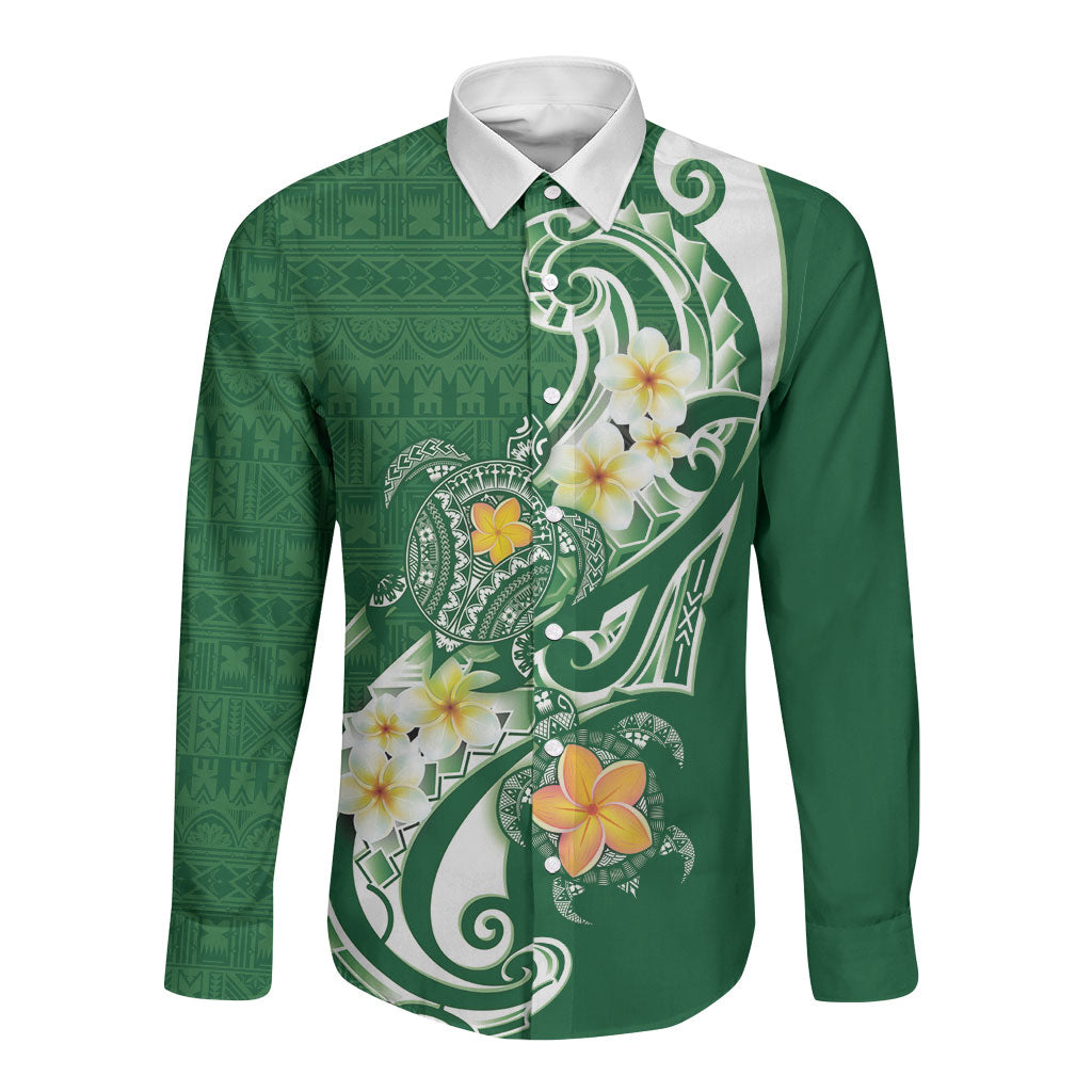Bula Fiji Tapa Turtle Long Sleeve Button Shirt Plumeria Fijian Masi Vonu Green LT14 Unisex Green - Polynesian Pride