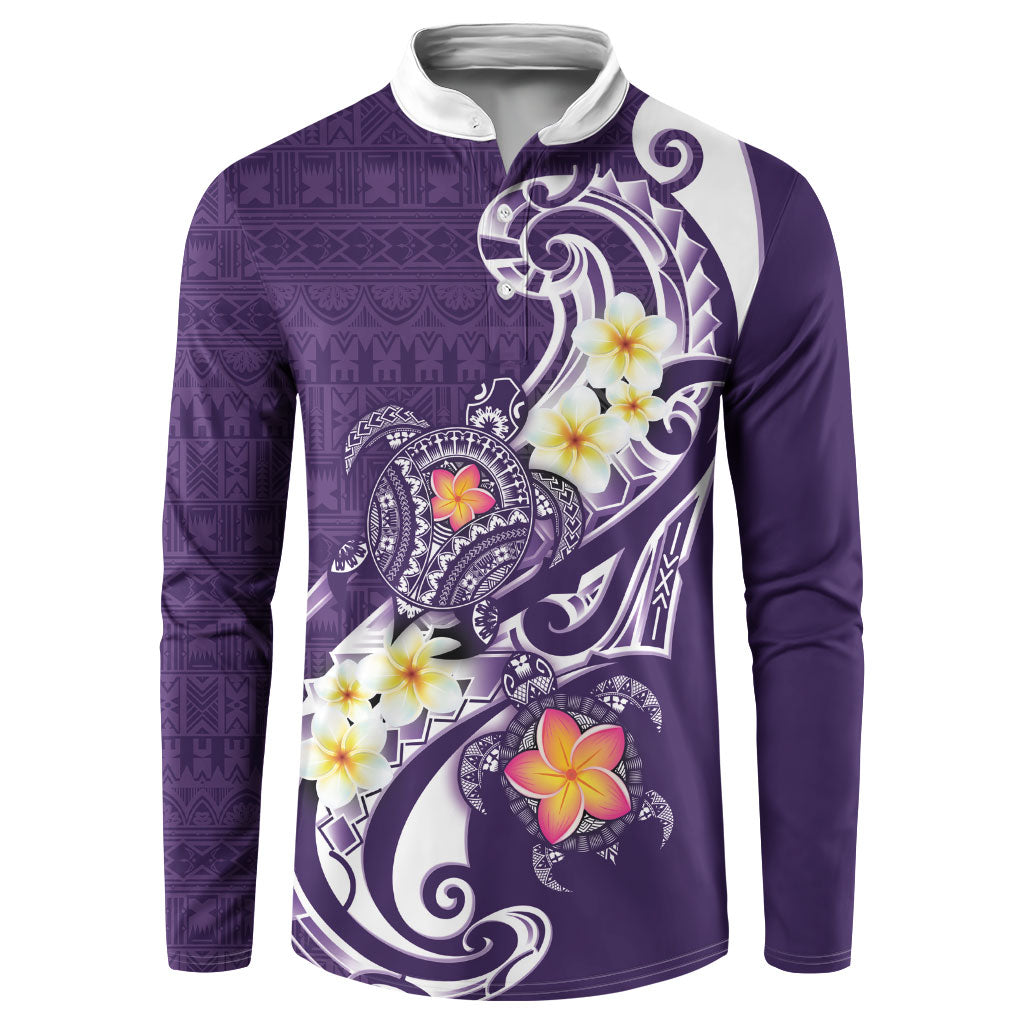 Bula Fiji Tapa Turtle Button Sweatshirt Plumeria Fijian Masi Vonu Purple LT14 Purple - Polynesian Pride