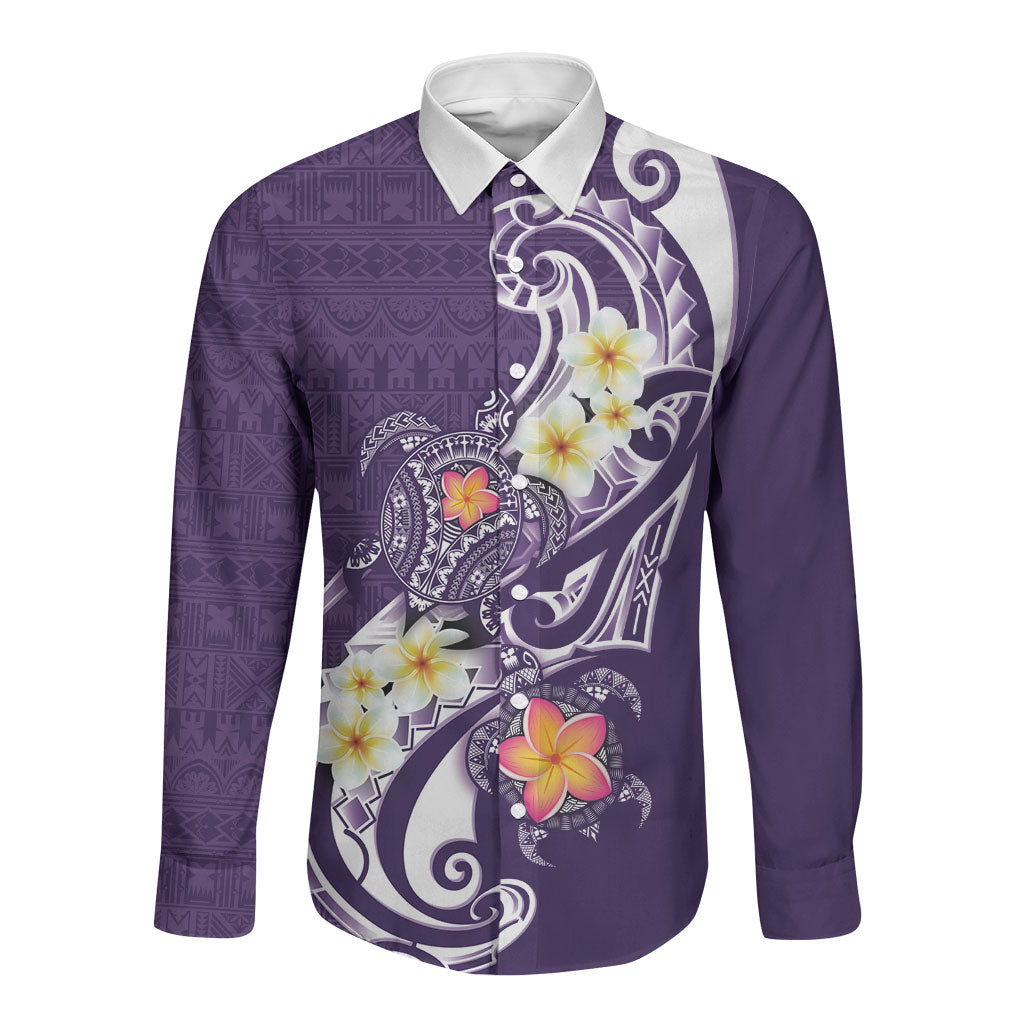 Bula Fiji Tapa Turtle Long Sleeve Button Shirt Plumeria Fijian Masi Vonu Purple LT14 Unisex Purple - Polynesian Pride