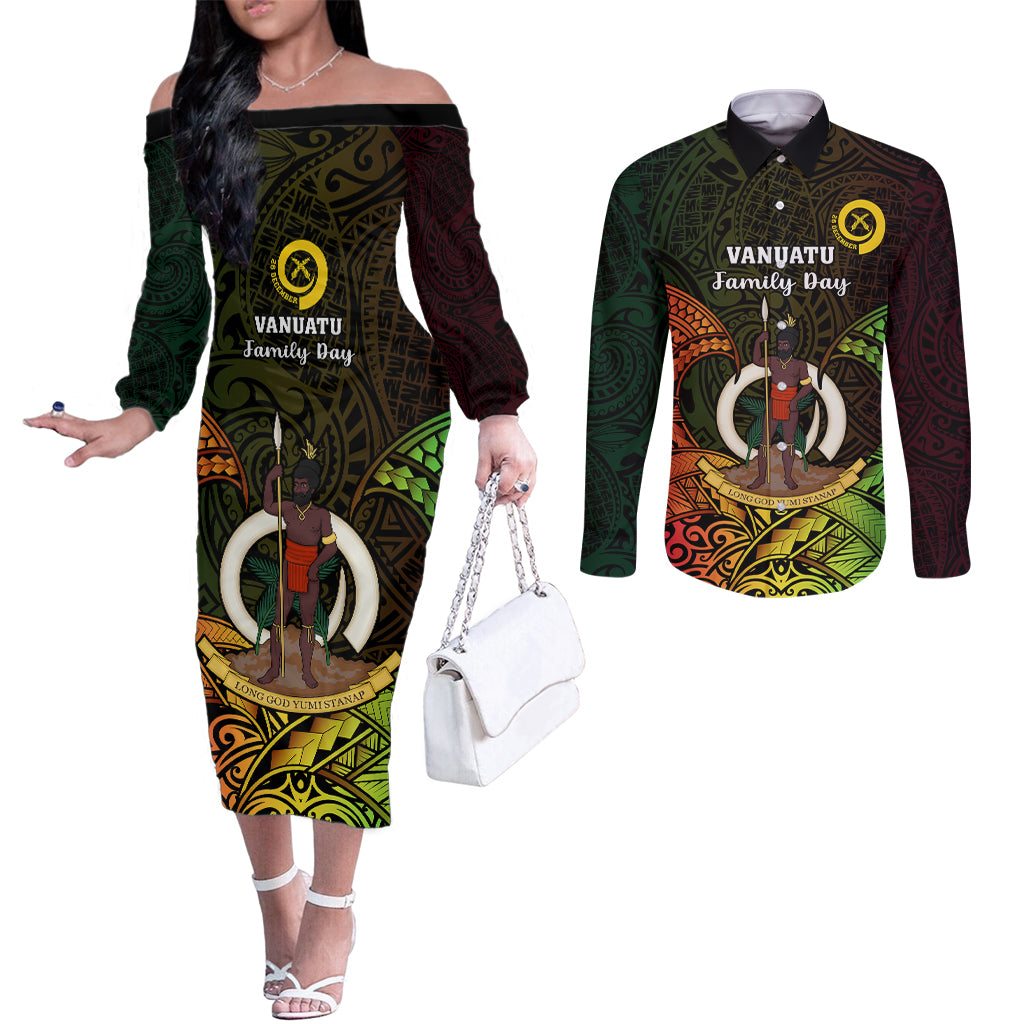 Personalised Vanuatu Family Day Couples Matching Off The Shoulder Long Sleeve Dress and Long Sleeve Button Shirt Happy 26 December Vanuatuan Pig Tusk LT14 Black - Polynesian Pride