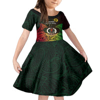 Personalised Vanuatu Family Day Family Matching Off Shoulder Long Sleeve Dress and Hawaiian Shirt Happy 26 December Vanuatuan Pig Tusk LT14 Daughter's Dress Black - Polynesian Pride