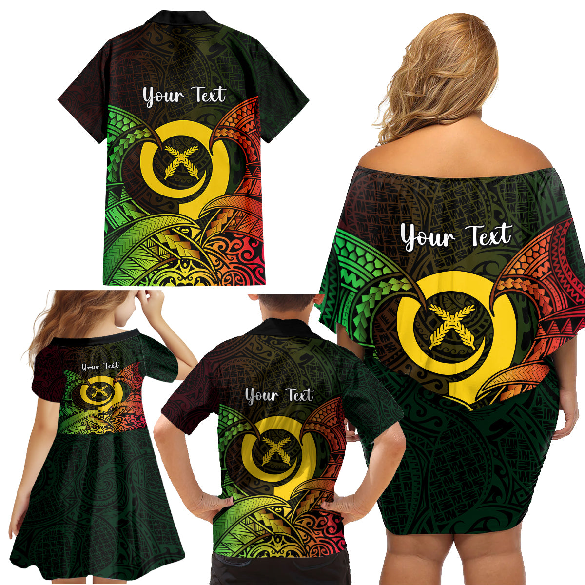 Personalised Vanuatu Family Day Family Matching Off Shoulder Short Dress and Hawaiian Shirt Happy 26 December Vanuatuan Pig Tusk LT14 - Polynesian Pride