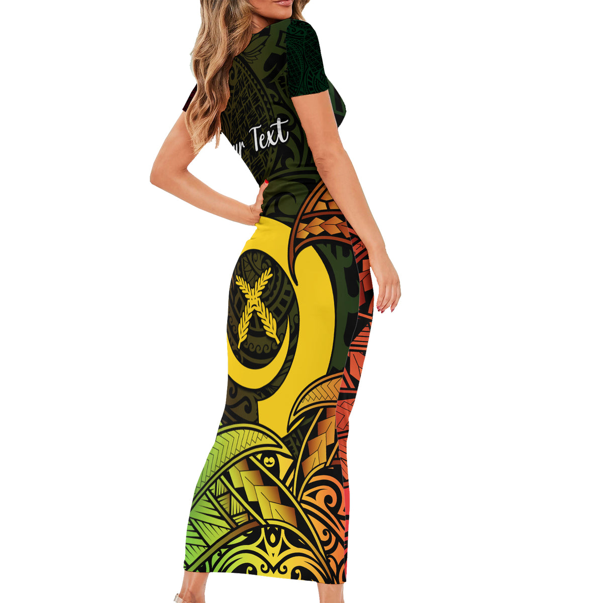 Personalised Vanuatu Family Day Short Sleeve Bodycon Dress Happy 26 December Vanuatuan Pig Tusk LT14 - Polynesian Pride
