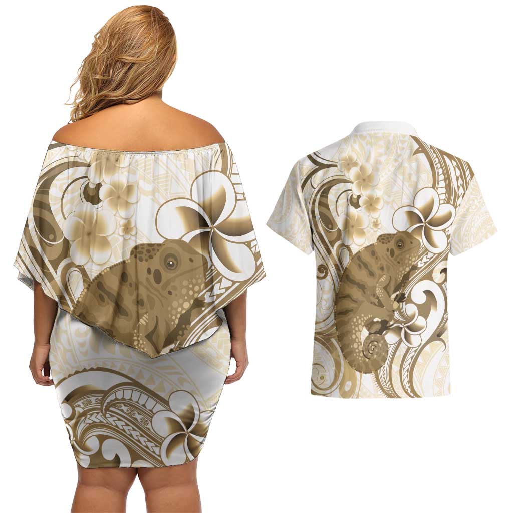 Brown And White Hawaii Chameleon Couples Matching Off Shoulder Short Dress and Hawaiian Shirt Plumeria Polynesian Tribal Art