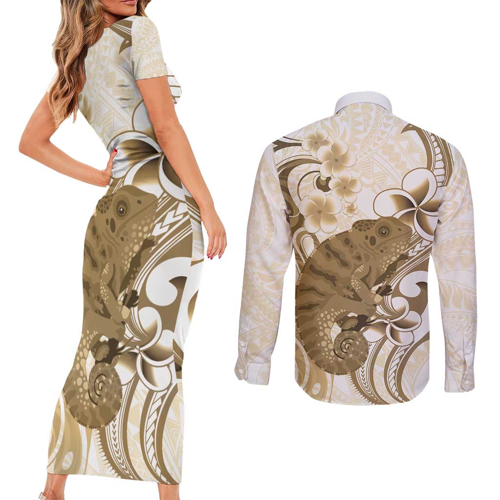 Brown And White Hawaii Chameleon Couples Matching Short Sleeve Bodycon Dress and Long Sleeve Button Shirt Plumeria Polynesian Tribal Art