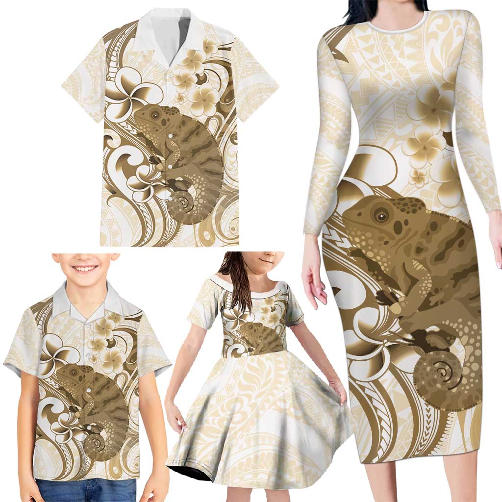Brown And White Hawaii Chameleon Family Matching Long Sleeve Bodycon Dress and Hawaiian Shirt Plumeria Polynesian Tribal Art