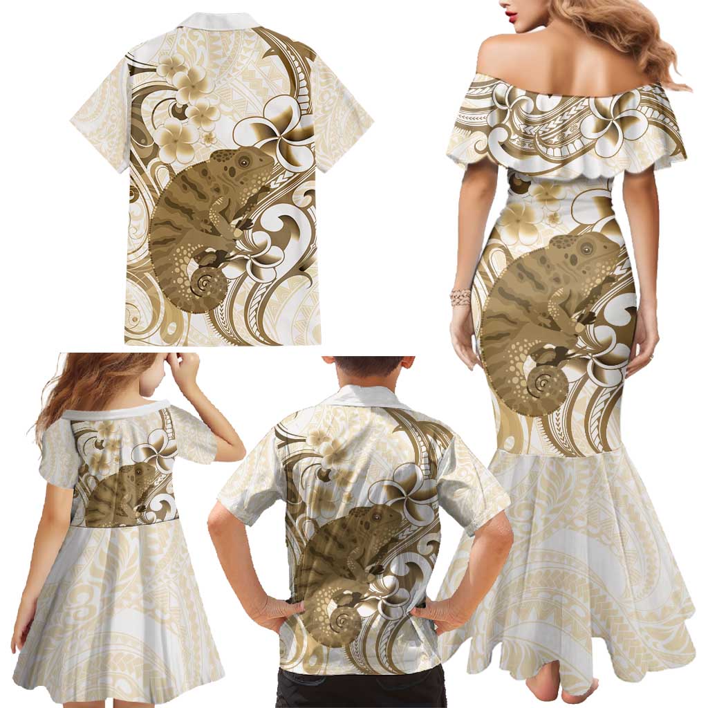 Brown And White Hawaii Chameleon Family Matching Mermaid Dress and Hawaiian Shirt Plumeria Polynesian Tribal Art
