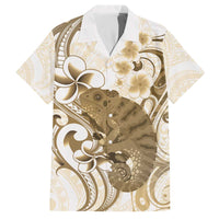 Brown And White Hawaii Chameleon Family Matching Off The Shoulder Long Sleeve Dress and Hawaiian Shirt Plumeria Polynesian Tribal Art