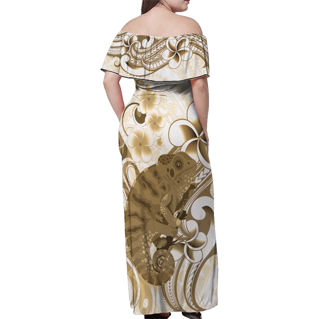 Brown And White Hawaii Chameleon Family Matching Off Shoulder Maxi Dress and Hawaiian Shirt Plumeria Polynesian Tribal Art