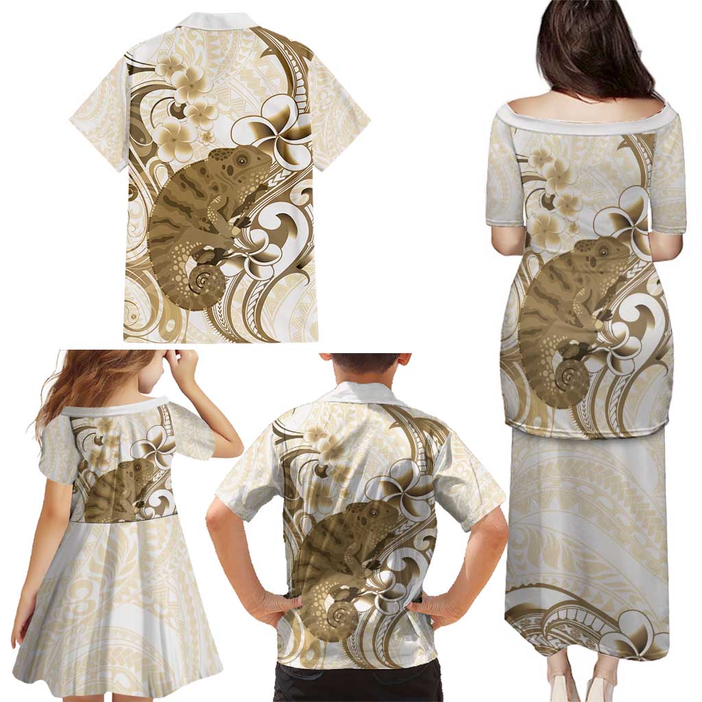 Brown And White Hawaii Chameleon Family Matching Puletasi and Hawaiian Shirt Plumeria Polynesian Tribal Art