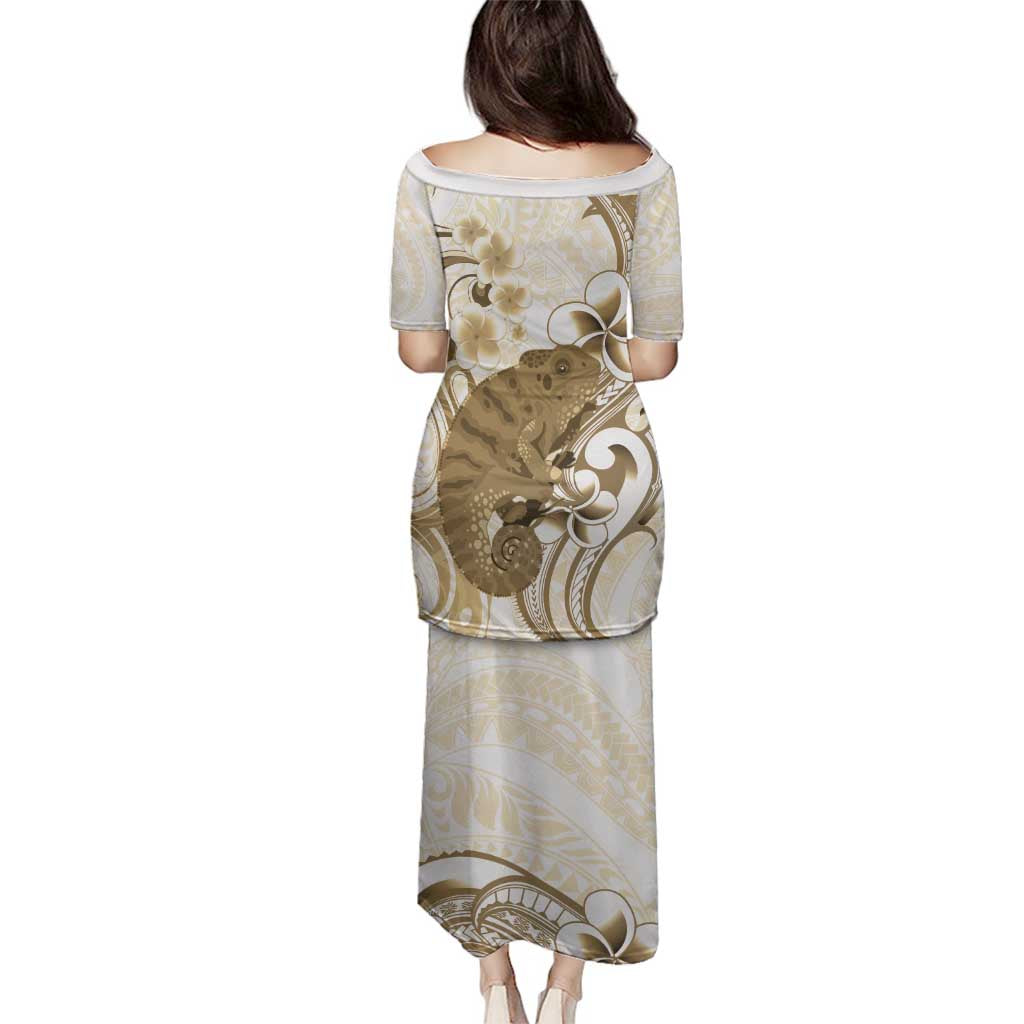 Brown And White Hawaii Chameleon Family Matching Puletasi and Hawaiian Shirt Plumeria Polynesian Tribal Art