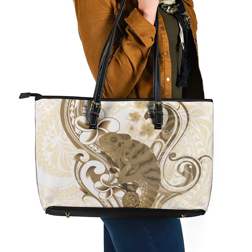 Brown And White Hawaii Chameleon Leather Tote Bag Plumeria Polynesian Tribal Art
