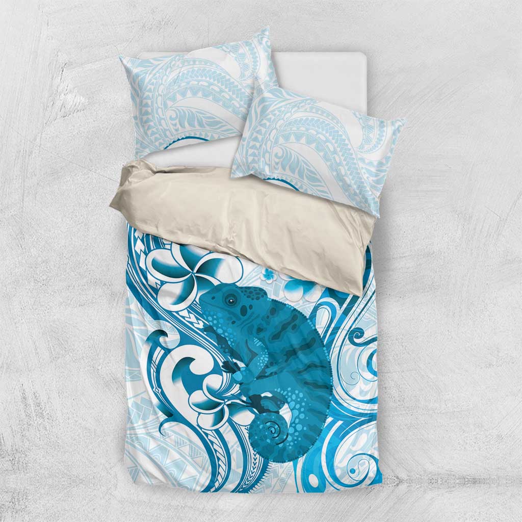 Cyan And White Hawaii Chameleon Bedding Set Plumeria Polynesian Tribal Art