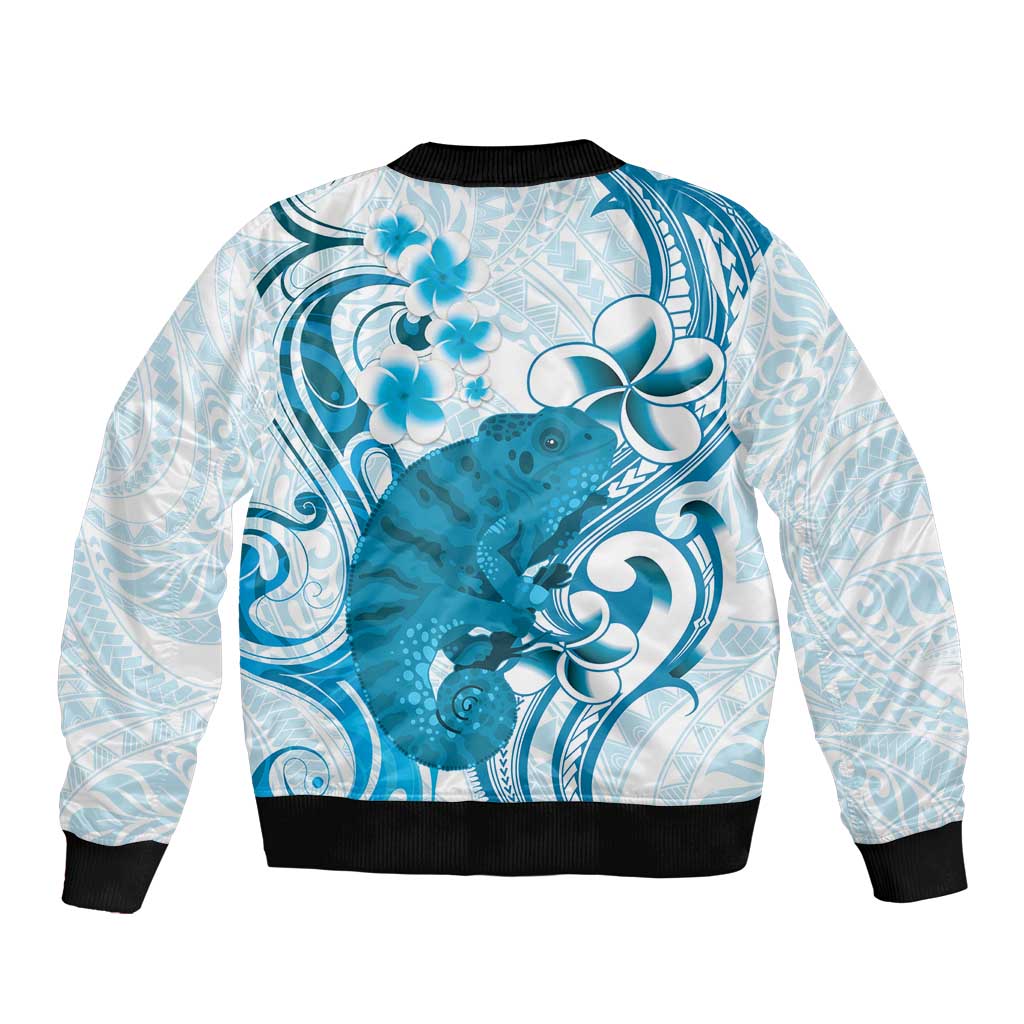 Cyan And White Hawaii Chameleon Bomber Jacket Plumeria Polynesian Tribal Art