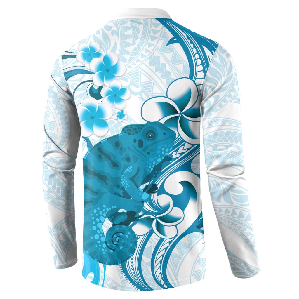 Cyan And White Hawaii Chameleon Button Sweatshirt Plumeria Polynesian Tribal Art