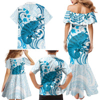 Cyan And White Hawaii Chameleon Family Matching Mermaid Dress and Hawaiian Shirt Plumeria Polynesian Tribal Art