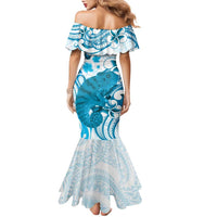 Cyan And White Hawaii Chameleon Family Matching Mermaid Dress and Hawaiian Shirt Plumeria Polynesian Tribal Art