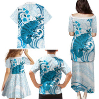 Cyan And White Hawaii Chameleon Family Matching Puletasi and Hawaiian Shirt Plumeria Polynesian Tribal Art