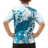 Cyan And White Hawaii Chameleon Family Matching Tank Maxi Dress and Hawaiian Shirt Plumeria Polynesian Tribal Art