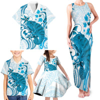 Cyan And White Hawaii Chameleon Family Matching Tank Maxi Dress and Hawaiian Shirt Plumeria Polynesian Tribal Art
