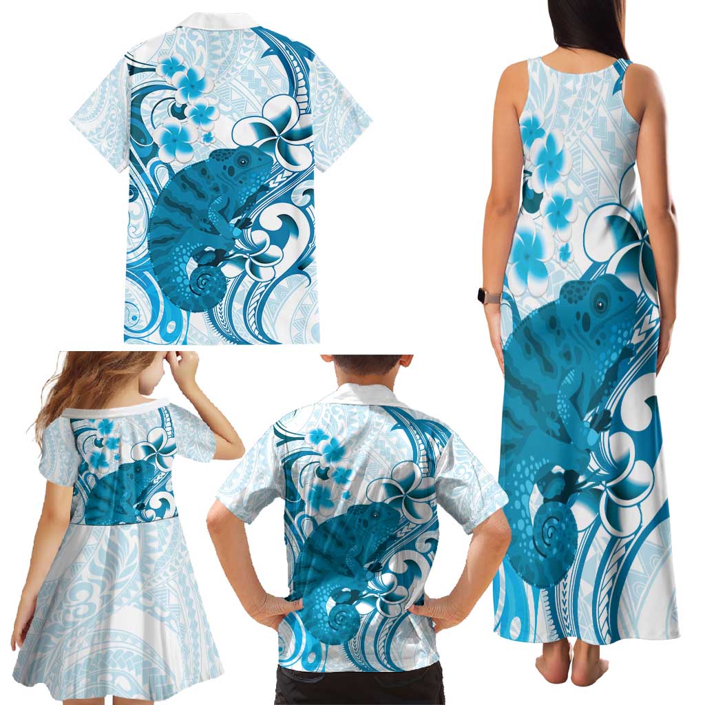 Cyan And White Hawaii Chameleon Family Matching Tank Maxi Dress and Hawaiian Shirt Plumeria Polynesian Tribal Art