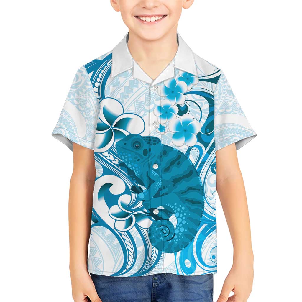 Cyan And White Hawaii Chameleon Kid Hawaiian Shirt Plumeria Polynesian Tribal Art LT14 Kid Cyan - Polynesian Pride