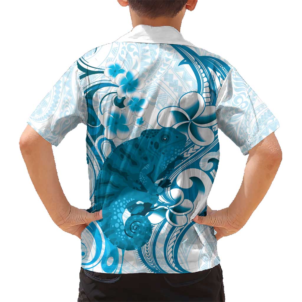 Cyan And White Hawaii Chameleon Kid Hawaiian Shirt Plumeria Polynesian Tribal Art