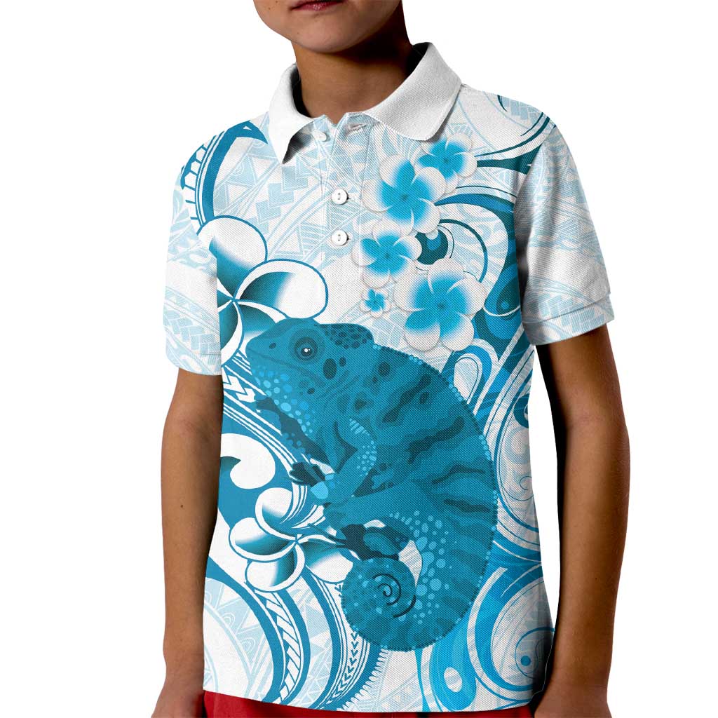 Cyan And White Hawaii Chameleon Kid Polo Shirt Plumeria Polynesian Tribal Art LT14 Kid Cyan - Polynesian Pride