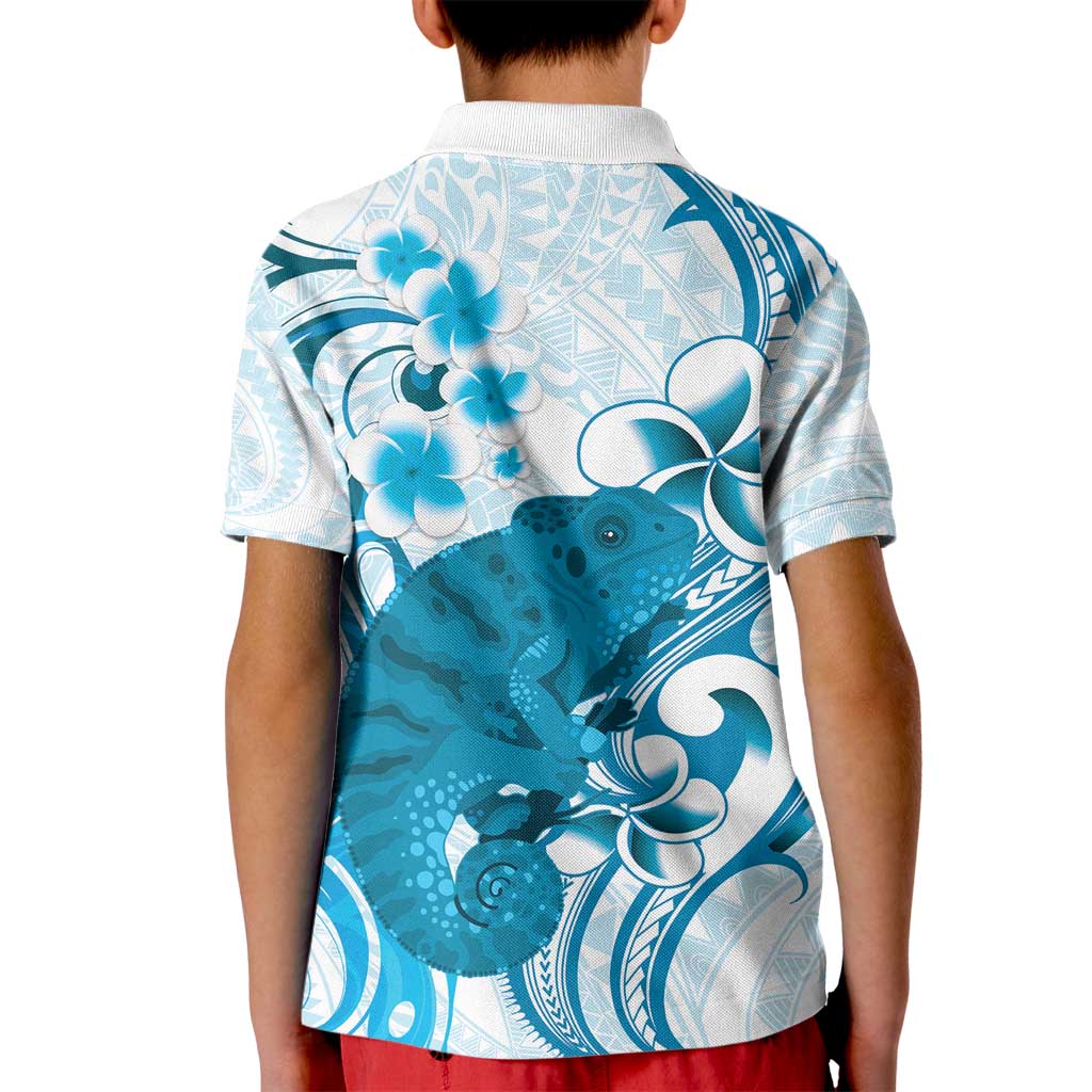 Cyan And White Hawaii Chameleon Kid Polo Shirt Plumeria Polynesian Tribal Art LT14 - Polynesian Pride