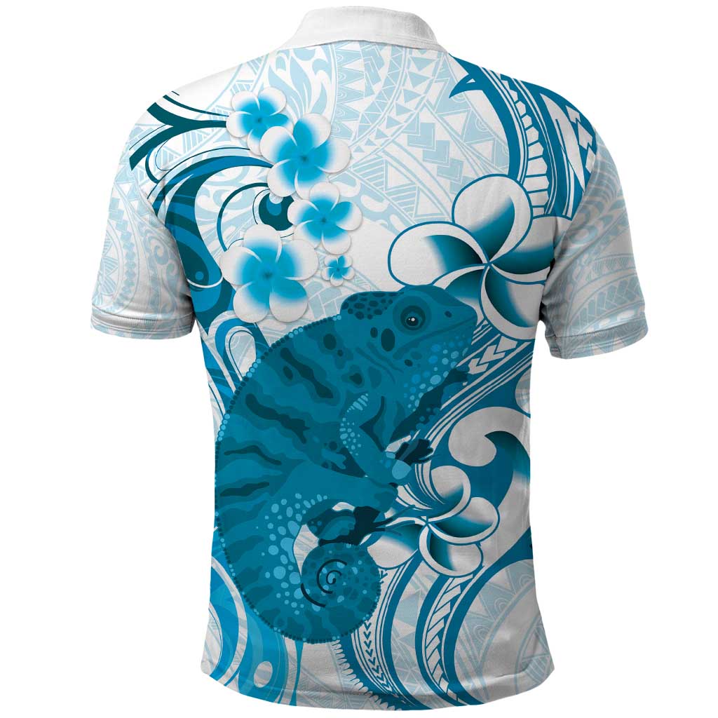 Cyan And White Hawaii Chameleon Polo Shirt Plumeria Polynesian Tribal Art LT14 - Polynesian Pride