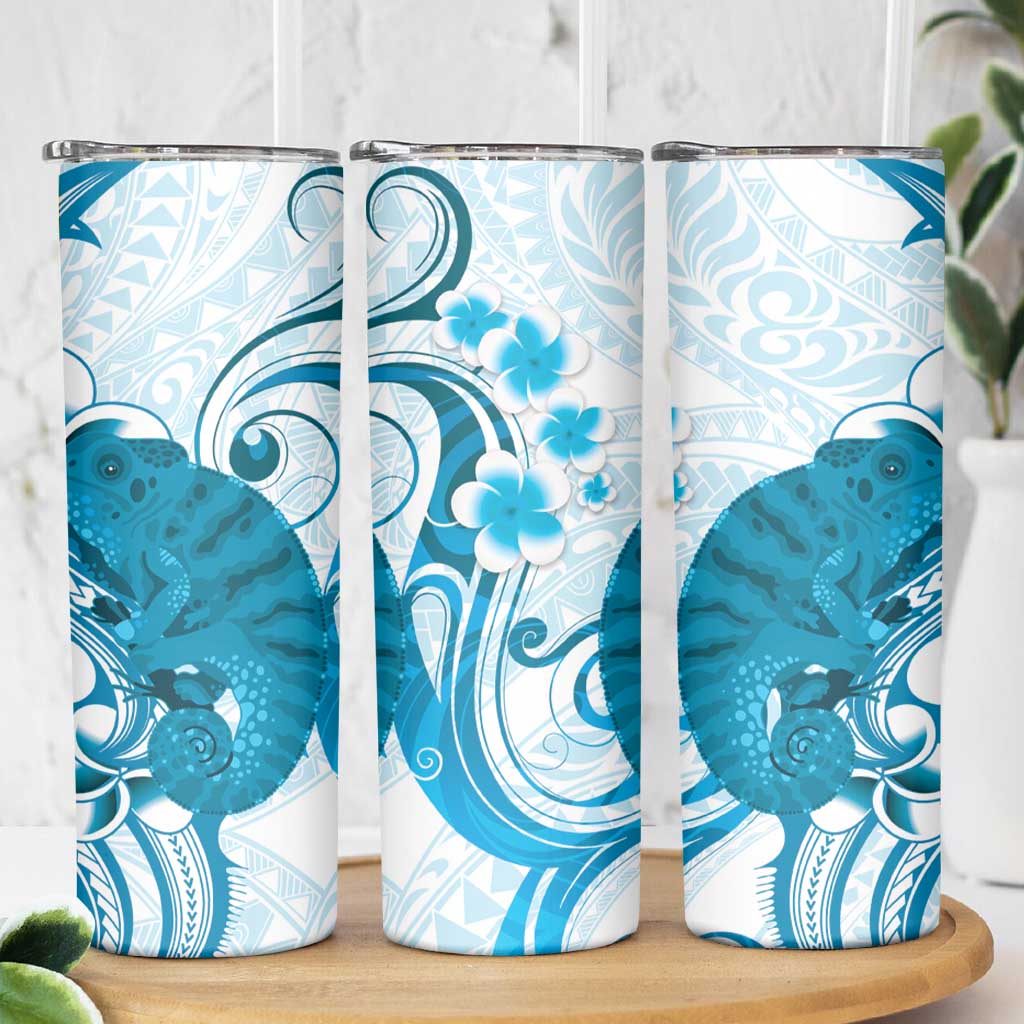 Cyan And White Hawaii Chameleon Skinny Tumbler Plumeria Polynesian Tribal Art