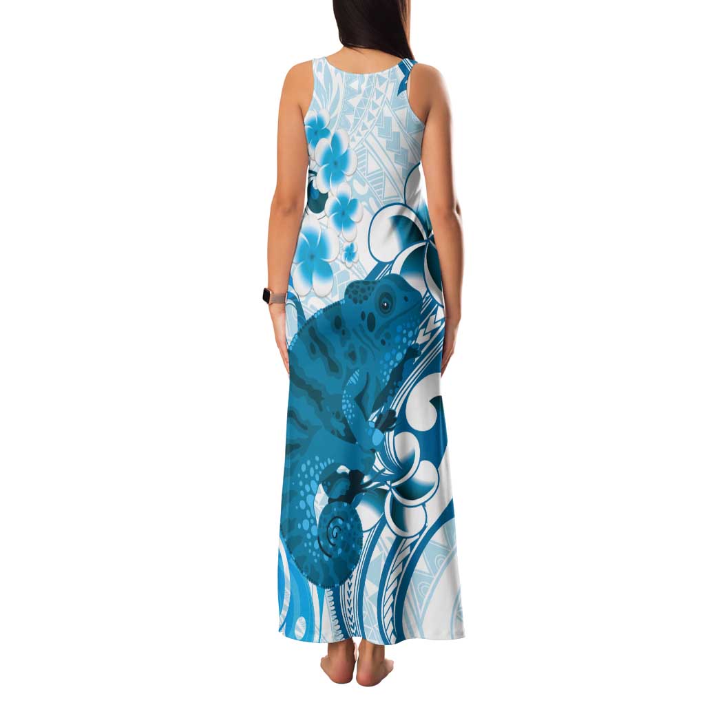 Cyan And White Hawaii Chameleon Tank Maxi Dress Plumeria Polynesian Tribal Art