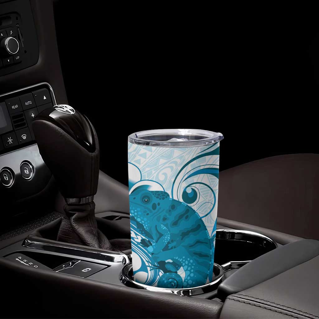 Cyan And White Hawaii Chameleon Tumbler Cup Plumeria Polynesian Tribal Art