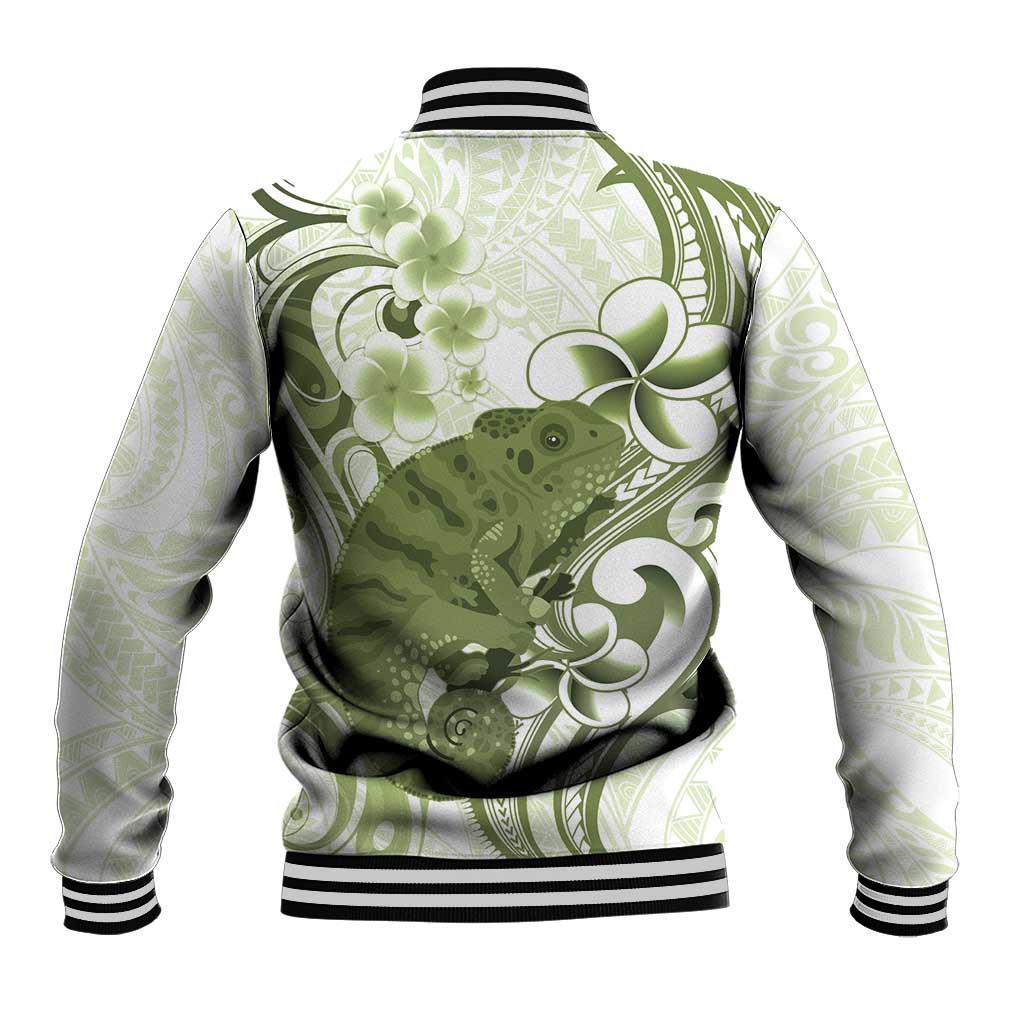 Green And White Hawaii Chameleon Baseball Jacket Plumeria Polynesian Tribal Art