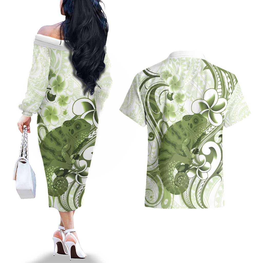 Green And White Hawaii Chameleon Couples Matching Off The Shoulder Long Sleeve Dress and Hawaiian Shirt Plumeria Polynesian Tribal Art