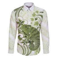Green And White Hawaii Chameleon Family Matching Long Sleeve Bodycon Dress and Hawaiian Shirt Plumeria Polynesian Tribal Art
