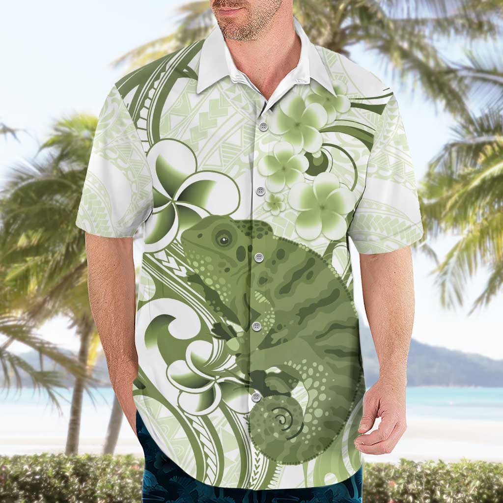 Green And White Hawaii Chameleon Hawaiian Shirt Plumeria Polynesian Tribal Art