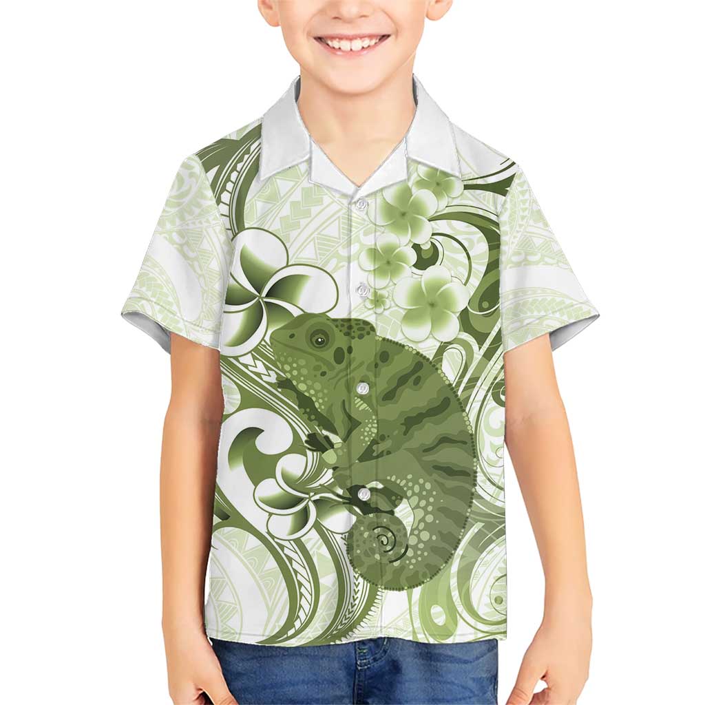 Green And White Hawaii Chameleon Kid Hawaiian Shirt Plumeria Polynesian Tribal Art LT14 Kid Lime Green - Polynesian Pride