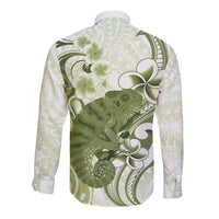 Green And White Hawaii Chameleon Long Sleeve Button Shirt Plumeria Polynesian Tribal Art
