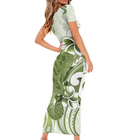 Green And White Hawaii Chameleon Short Sleeve Bodycon Dress Plumeria Polynesian Tribal Art