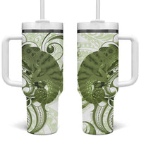 Green And White Hawaii Chameleon Tumbler With Handle Plumeria Polynesian Tribal Art