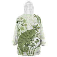 Green And White Hawaii Chameleon Wearable Blanket Hoodie Plumeria Polynesian Tribal Art
