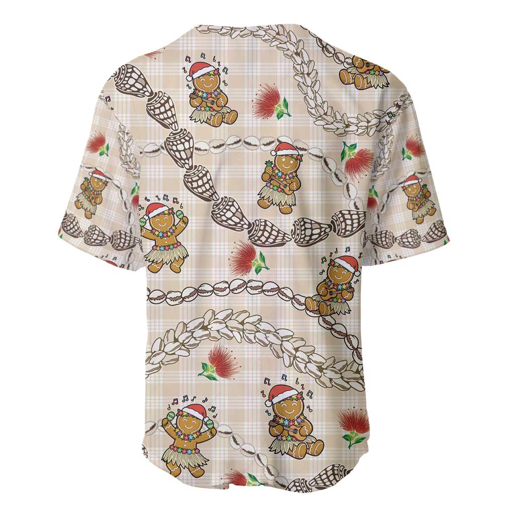 Beige Palaka Hawaii Mele Kalikimaka Baseball Jersey Ohia Lehua Shell Leis Funny Gingerbread Santa - Polynesian Pride