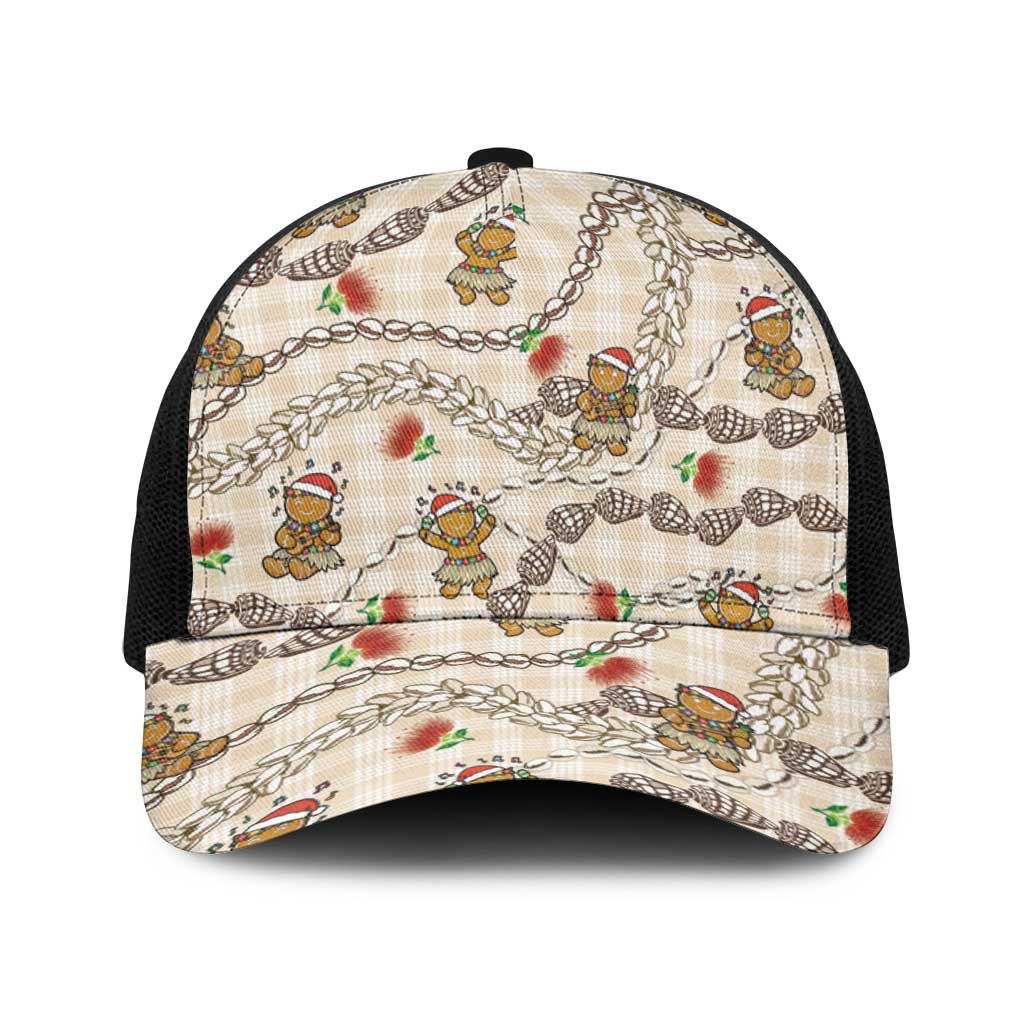 Beige Palaka Hawaii Mele Kalikimaka Baseball Net Cap Ohia Lehua Shell Leis Funny Gingerbread Santa - Polynesian Pride