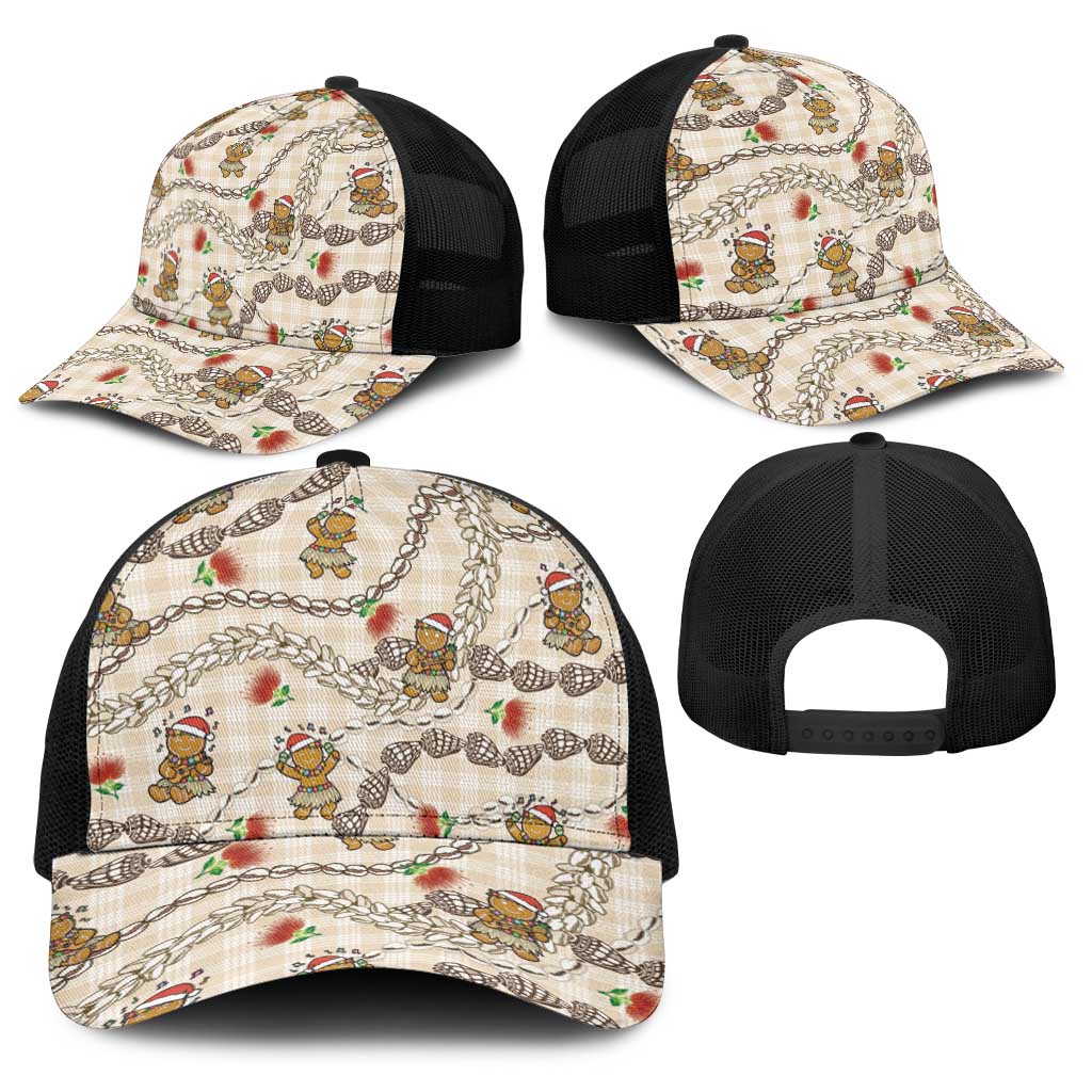 Beige Palaka Hawaii Mele Kalikimaka Baseball Net Cap Ohia Lehua Shell Leis Funny Gingerbread Santa - Polynesian Pride