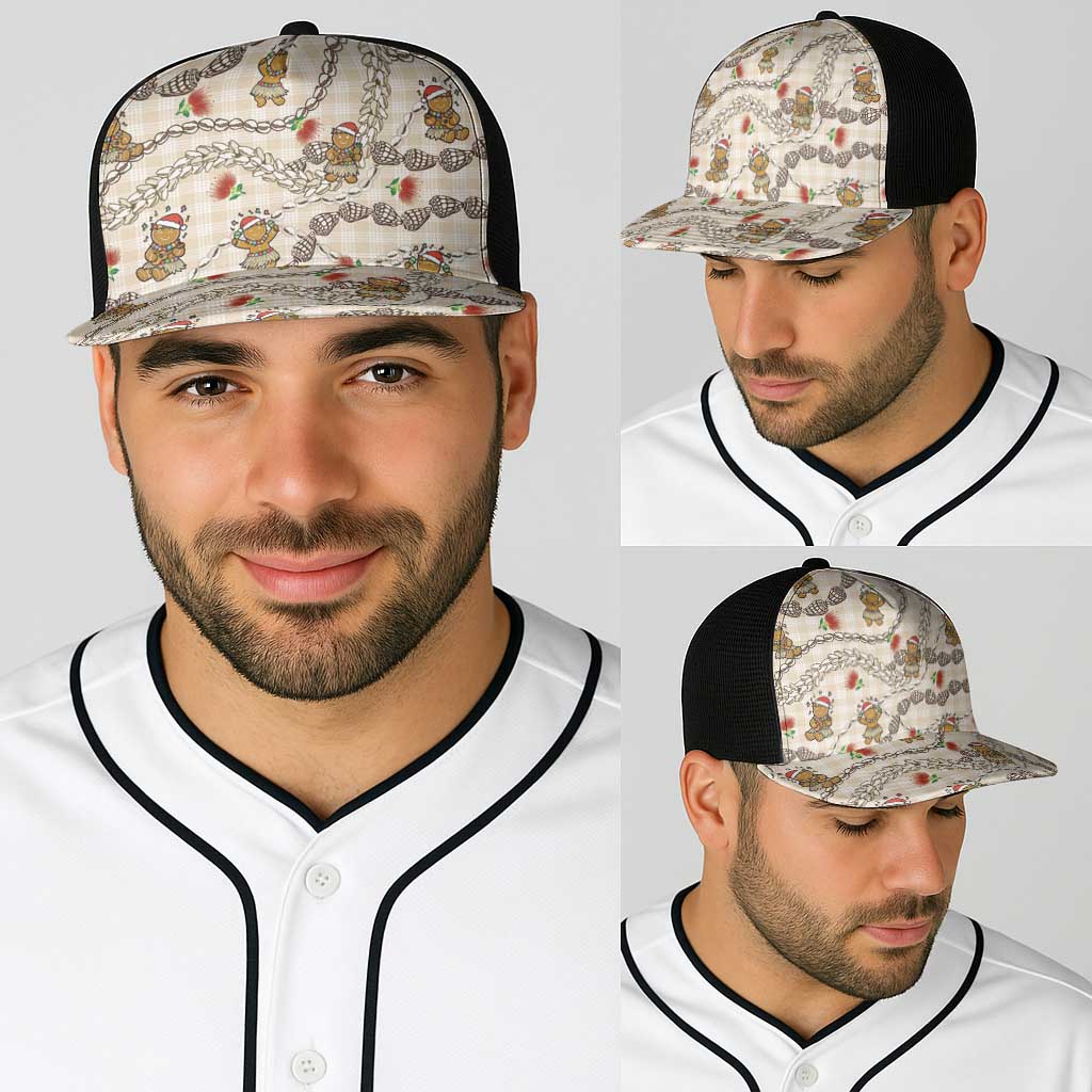 Beige Palaka Hawaii Mele Kalikimaka Baseball Net Cap Ohia Lehua Shell Leis Funny Gingerbread Santa - Polynesian Pride