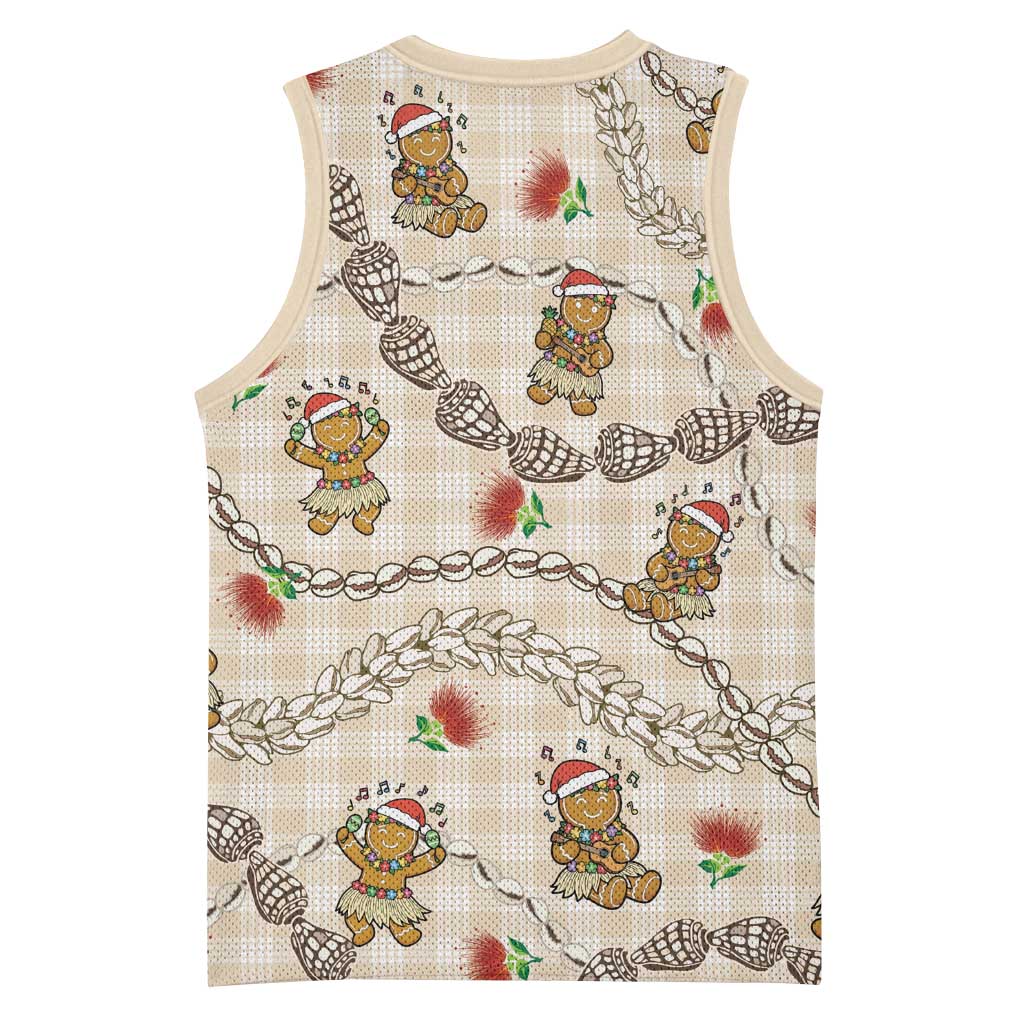 Beige Palaka Hawaii Mele Kalikimaka Basketball Jersey Ohia Lehua Shell Leis Funny Gingerbread Santa - Polynesian Pride