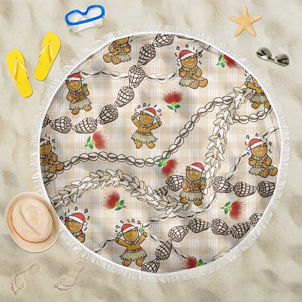Beige Palaka Hawaii Mele Kalikimaka Beach Blanket Ohia Lehua Shell Leis Funny Gingerbread Santa - Polynesian Pride