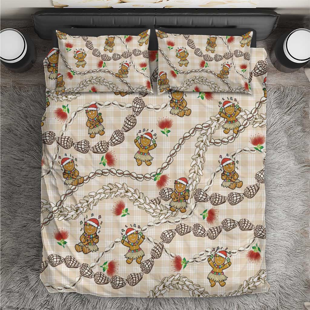 Beige Palaka Hawaii Mele Kalikimaka Bedding Set Ohia Lehua Shell Leis Funny Gingerbread Santa - Polynesian Pride
